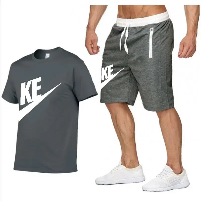 Summer men's printed round neck short-sleeved T-shirt + five-point shorts two-piece fitness sports fashion leisure suit