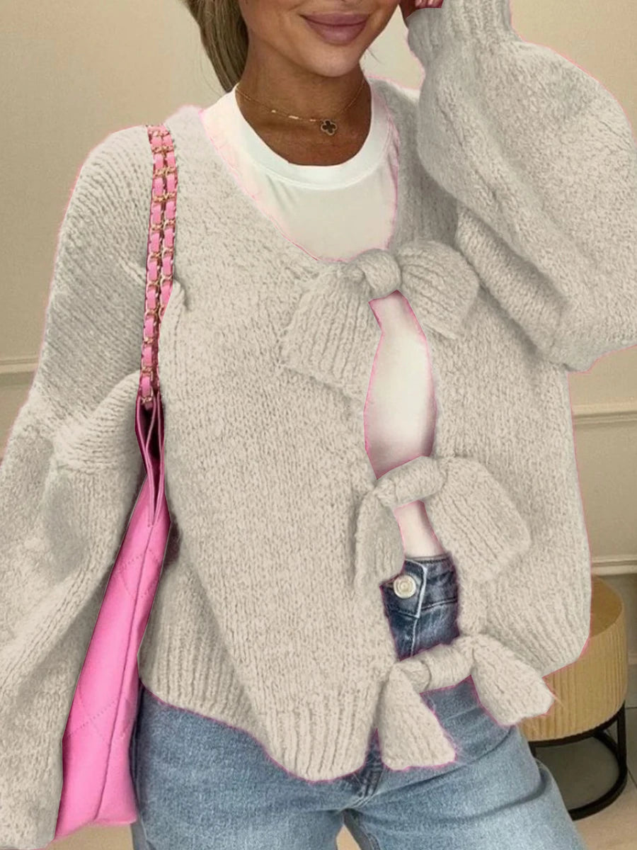 Sweater Knitted Cardigan Elegant Long Lantern Sleeve Front Tie-up Sweaters Tops