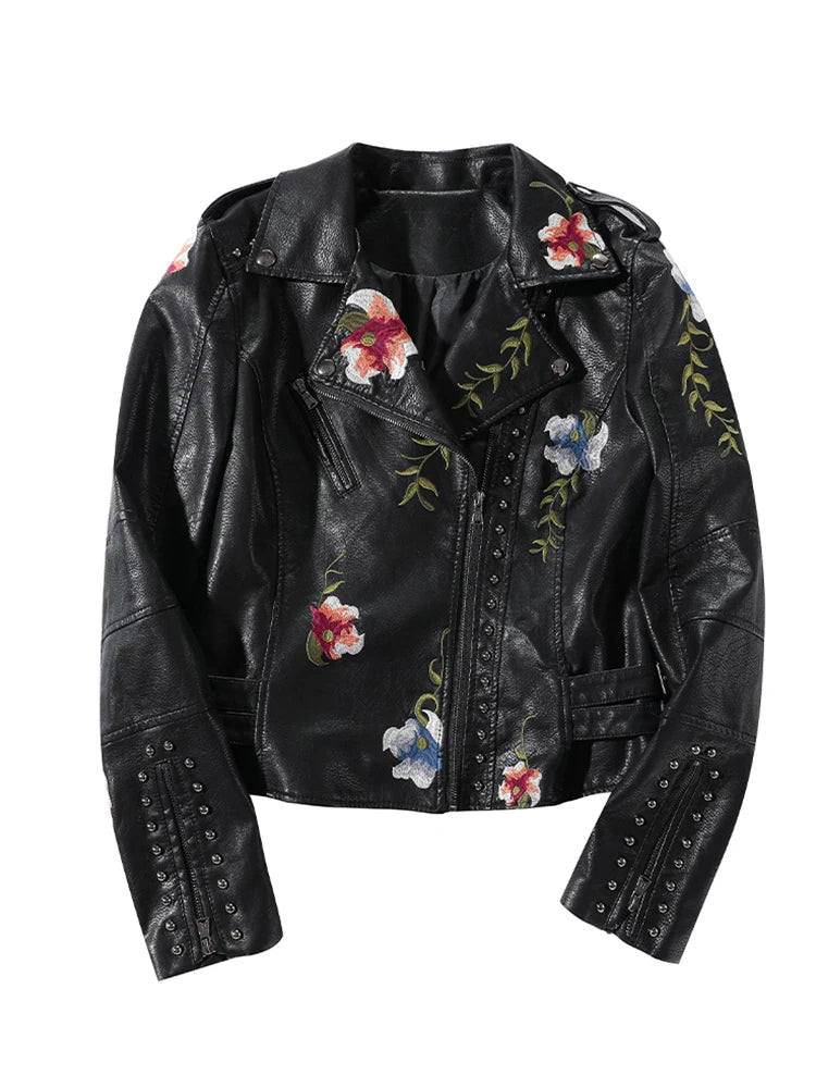 Leather Jacket  Floral Print Embroidery Pu Leather Jacket Turn-down Collar Zipper Jacket