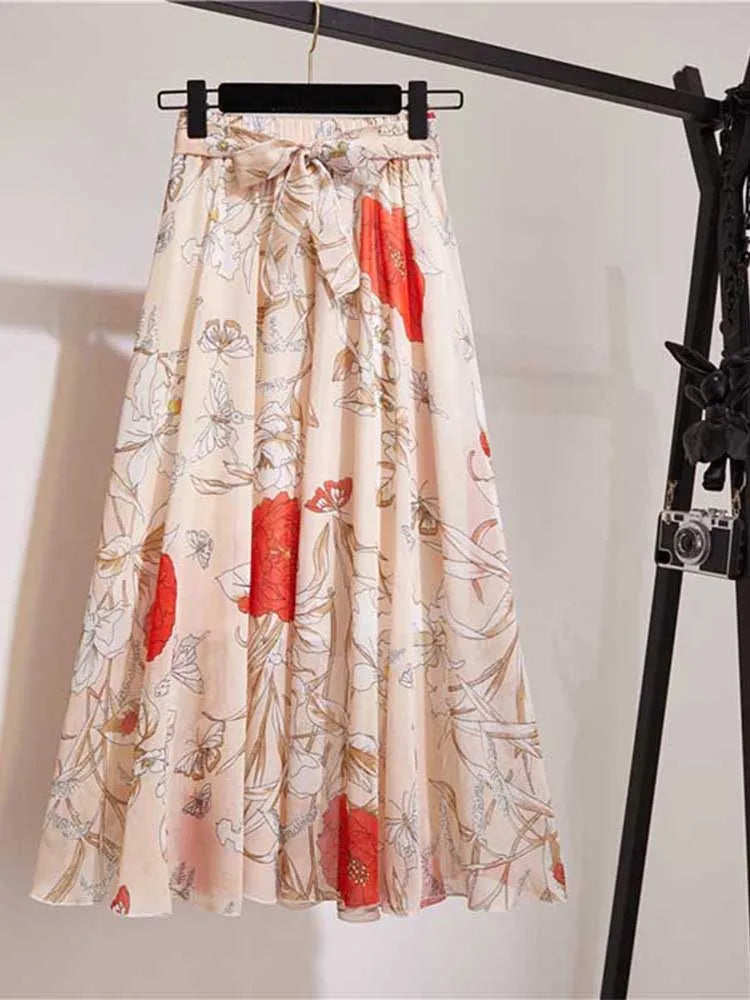 Chiffon Sun School High Waist Midi Skirt