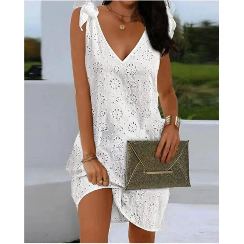 Elegant Dresses V-Neck Eyelet Embroidery Tied Detail Sleeveless Mini Straight Dress Vacation Fashion Summer Dress