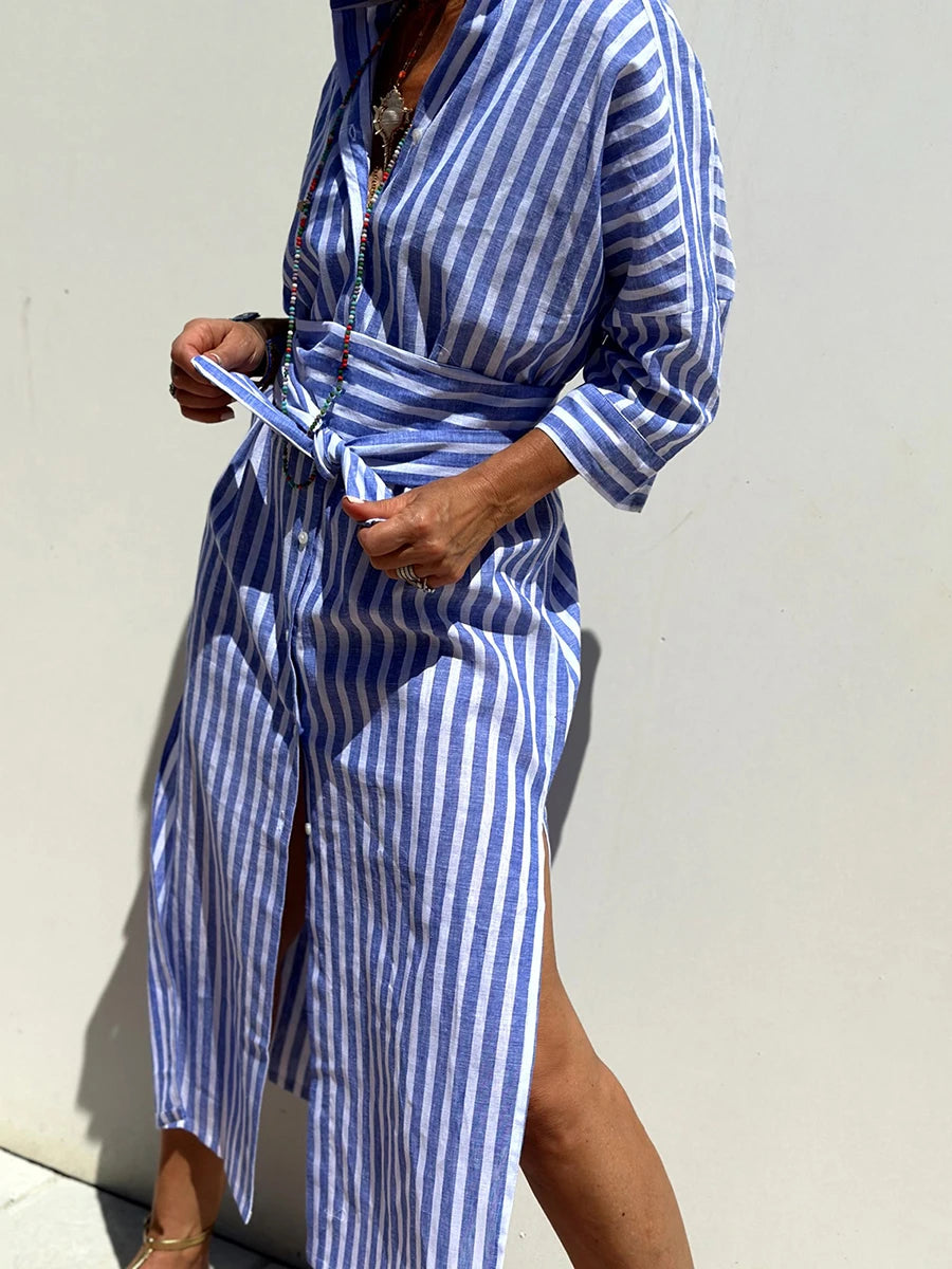 Casual V-Neck Short Sleeve Striped Button Up Midi Dress with Belt and Pockets