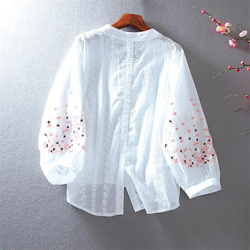 V-Neck Embroider Blouse  Lace Lantern Sleeves Cotton
