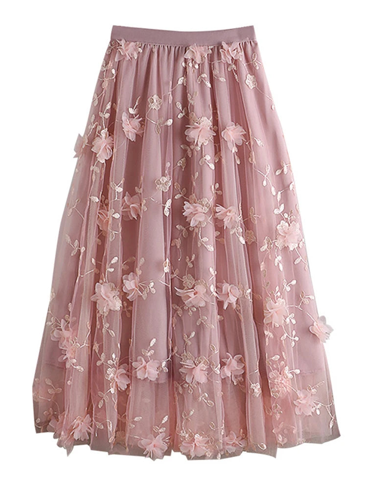 Embroidered Floral Spliced Mesh  High Waist A-line Skirt