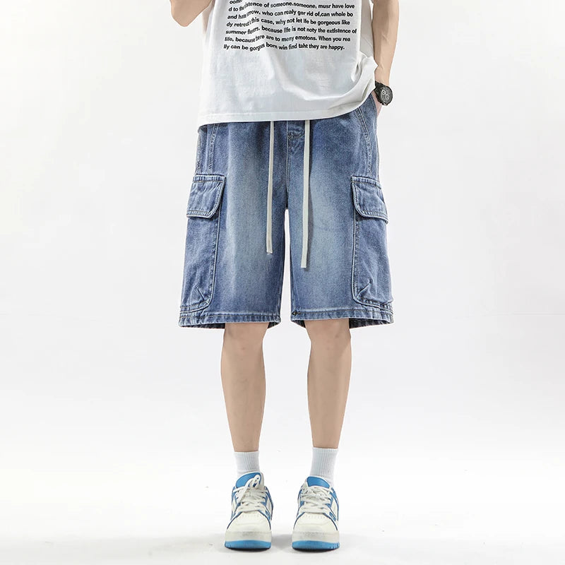Summer Workwear Denim Shorts Street  Loose Straight Shorts Stretch Waist Casual Jogging Outdoor Five-Cubic Pants