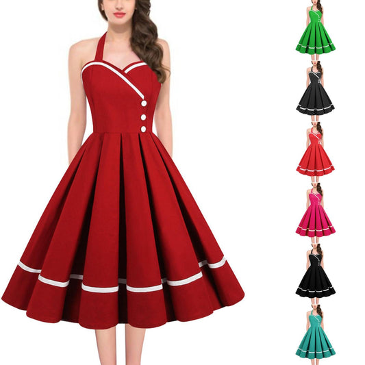 Halter Backless Pleated Big Swing Dresses Women Summer Retro 50s 60s Rockabilly Party Vintage Dress Pinup Elegant Evening Dress