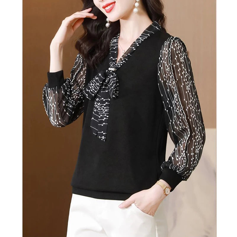 Bow Print Knitted Patchwork  Office  Chic Shirt V Neck Long Sleeve
