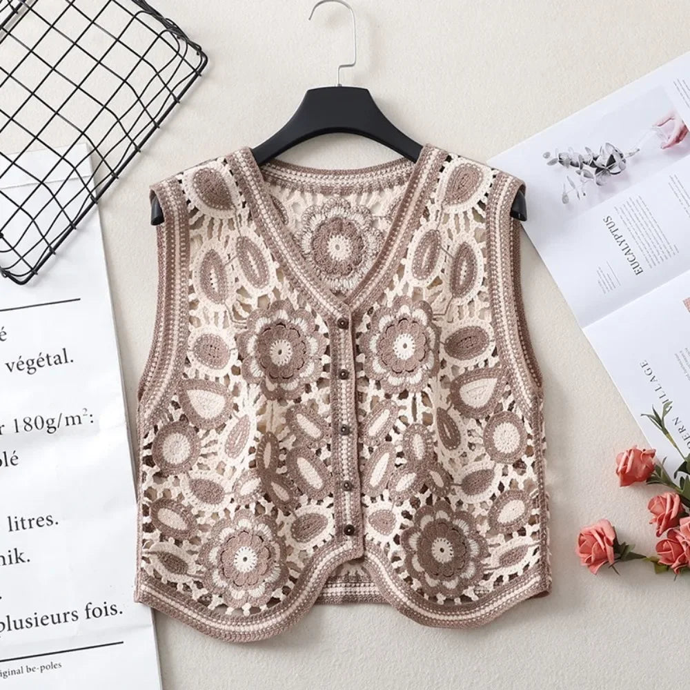 Sexy Hollow Out Knit Tank Tops Women Color block  V Neck Floral Camisole Female Beach Style Crop Top