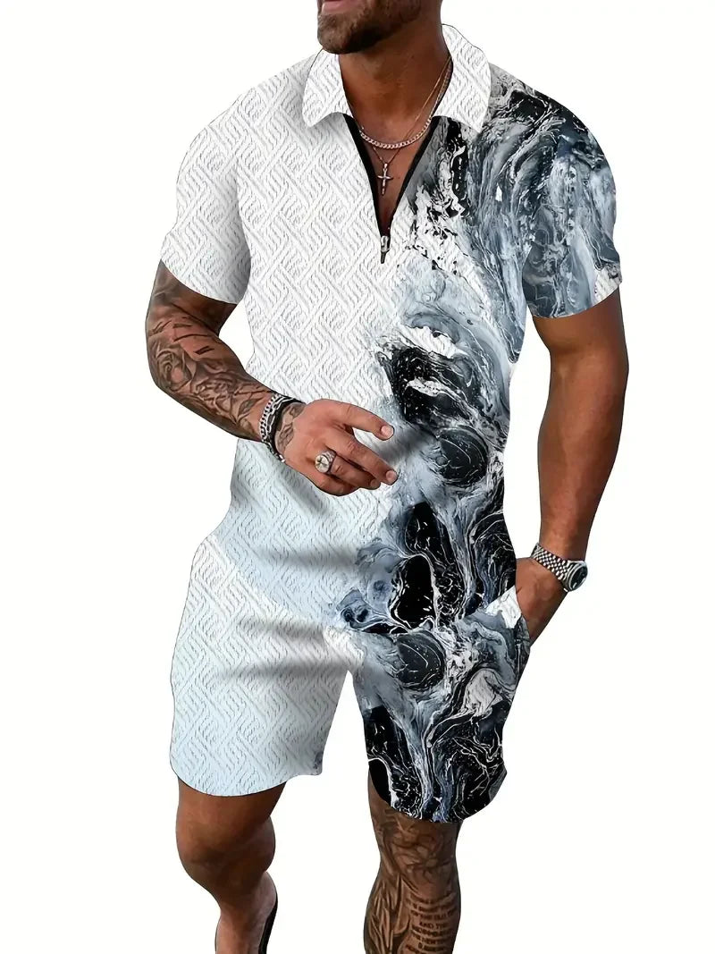 Zipper POLO Shirt Shorts Set Summer Fashion Casual Men's Sports Set 3D Printed Simple Style Lapel Zipper POLO Shirt 2 Sets