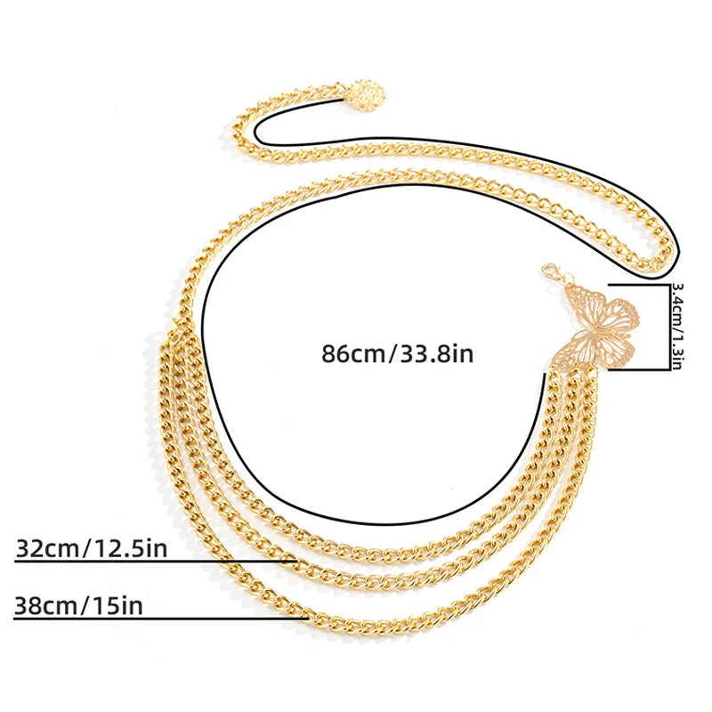 Butterfly Waist Chain Elegant Multi-Layer Butterfly Tassel Waist Chain Belt For Women Metal High Waist Chain Dress Lady Belt