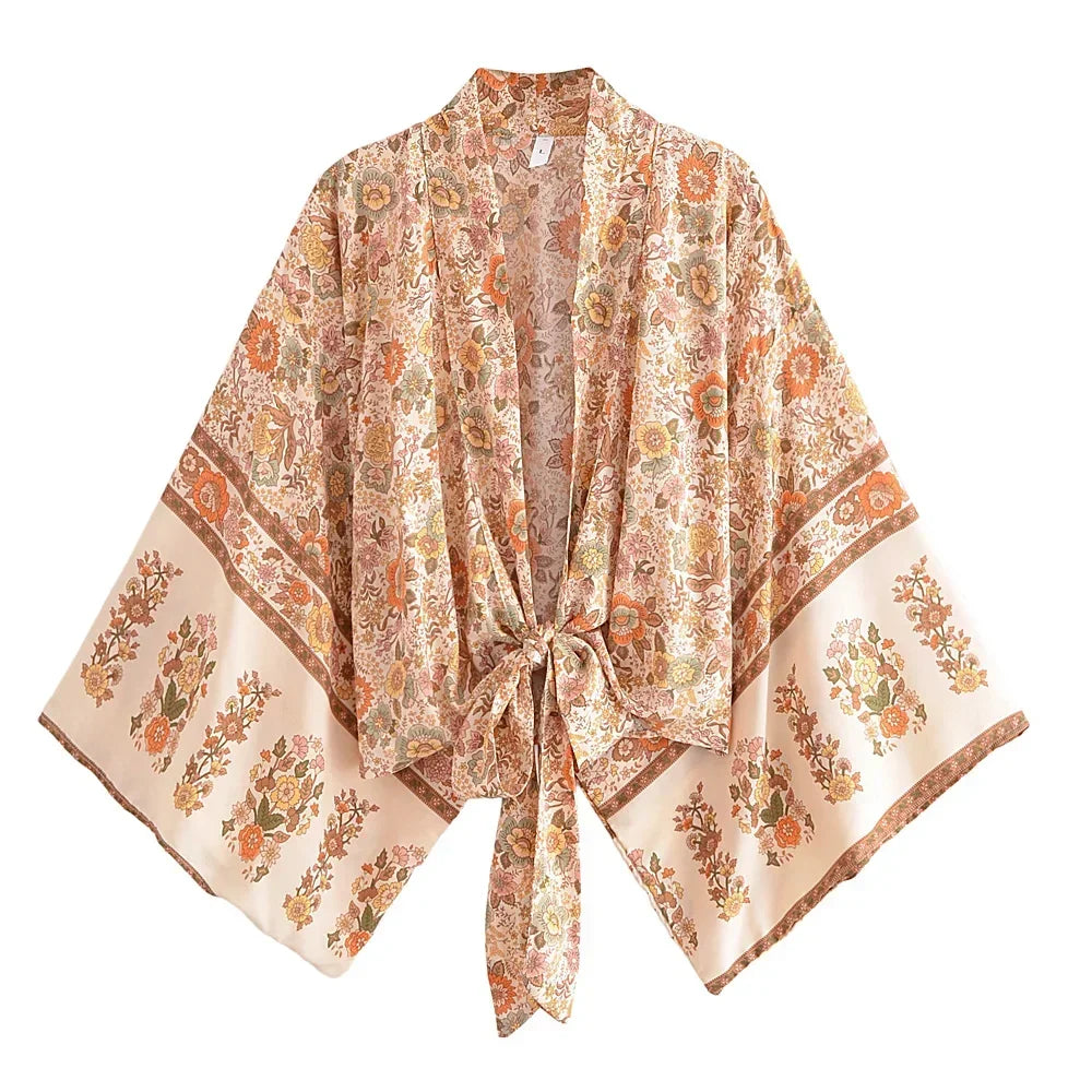 Hippie Queens Floral Print Sashes Short  Kimono Women Fashion V Neck Batwing Sleeves Lady Boho Bikini Cover-ups
