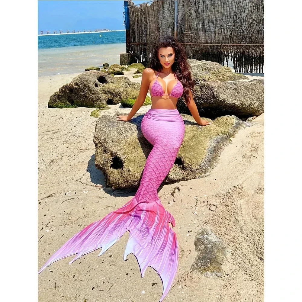 Mermaid Swimsuit 3-piece Beach Bikini Fishtail High Waist Bathing Suit Sexy Slim Triangle Suspender Backless Swimwear