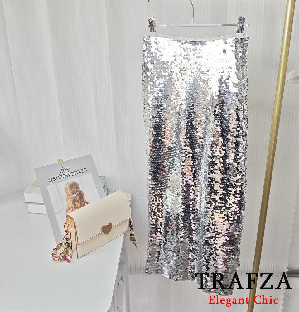 Sequined Midi Skirt Silver Color Hip Wrap Slim