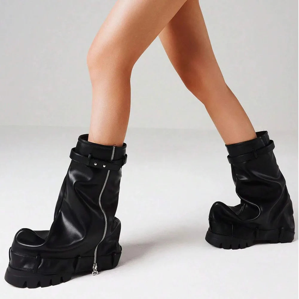 Fold Over Boots Chunky High Heels Mid Calf Platform Punk Gothic Fashion