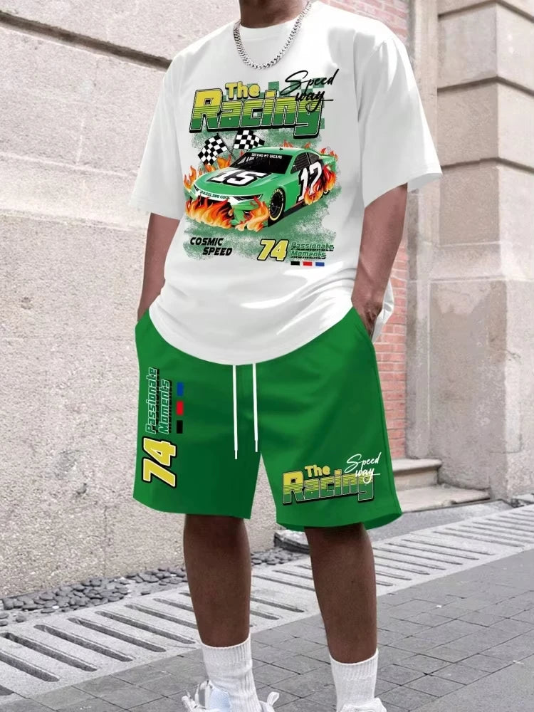 Cartoon Bear 3D Printed Men's Round Neck Short Sleeve 2-piece Set Urban Street Trendy Men's Top Outdoor Men's Drawstring Shorts