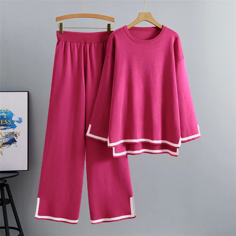 Elegant O-neck Side Slit Pullover Long Sleeve Sweater + Wide Leg Pants 2 Piece Sets Women's  Solid Color Casual Pantsuit