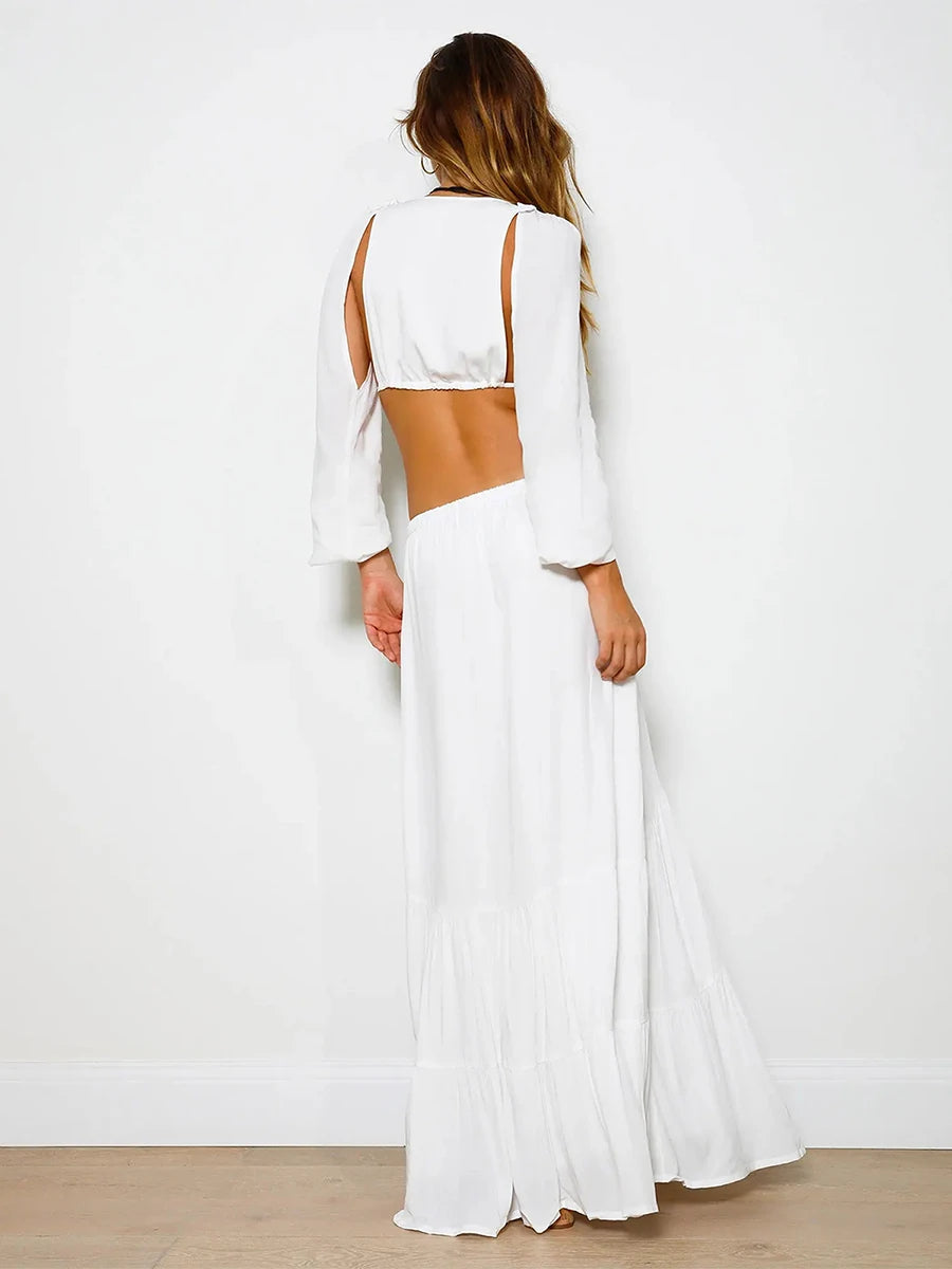 Women Skirt Set Long Sleeve Tie-up Crop Top with Low Waist Long Skirt