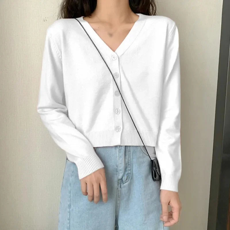 Women's Long Sleeve Cropped Cardigan V Neck Button Down Knit Single-breasted Cardigan Sweaters