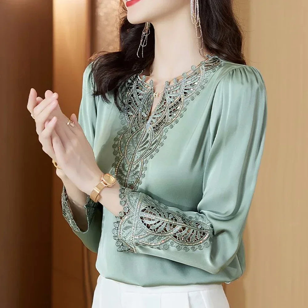 Silk Blouse Long Sleeve Embroidery Shirts