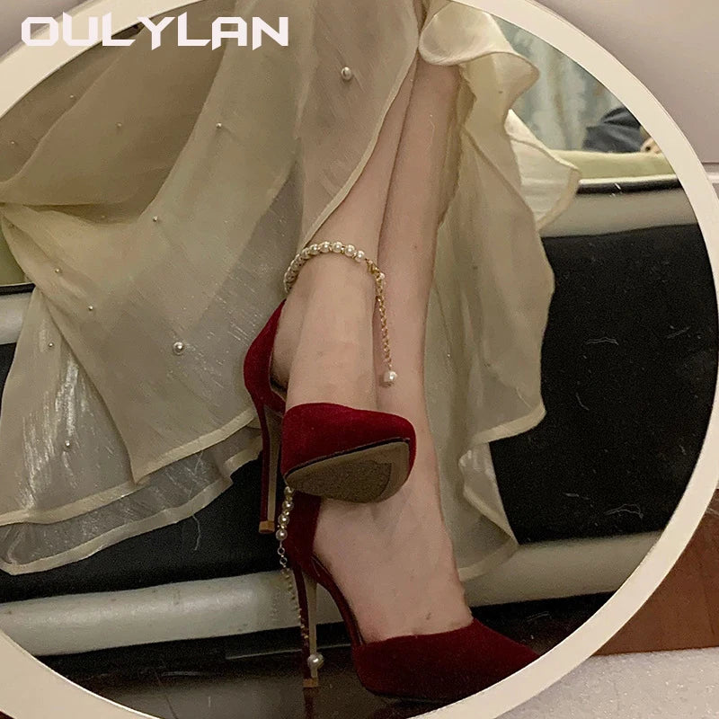 Pearl Strap Sexy Pointed Toe Fine High Heel