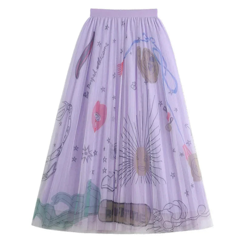 Casual Graffiti Print Pleated Midi Skirt