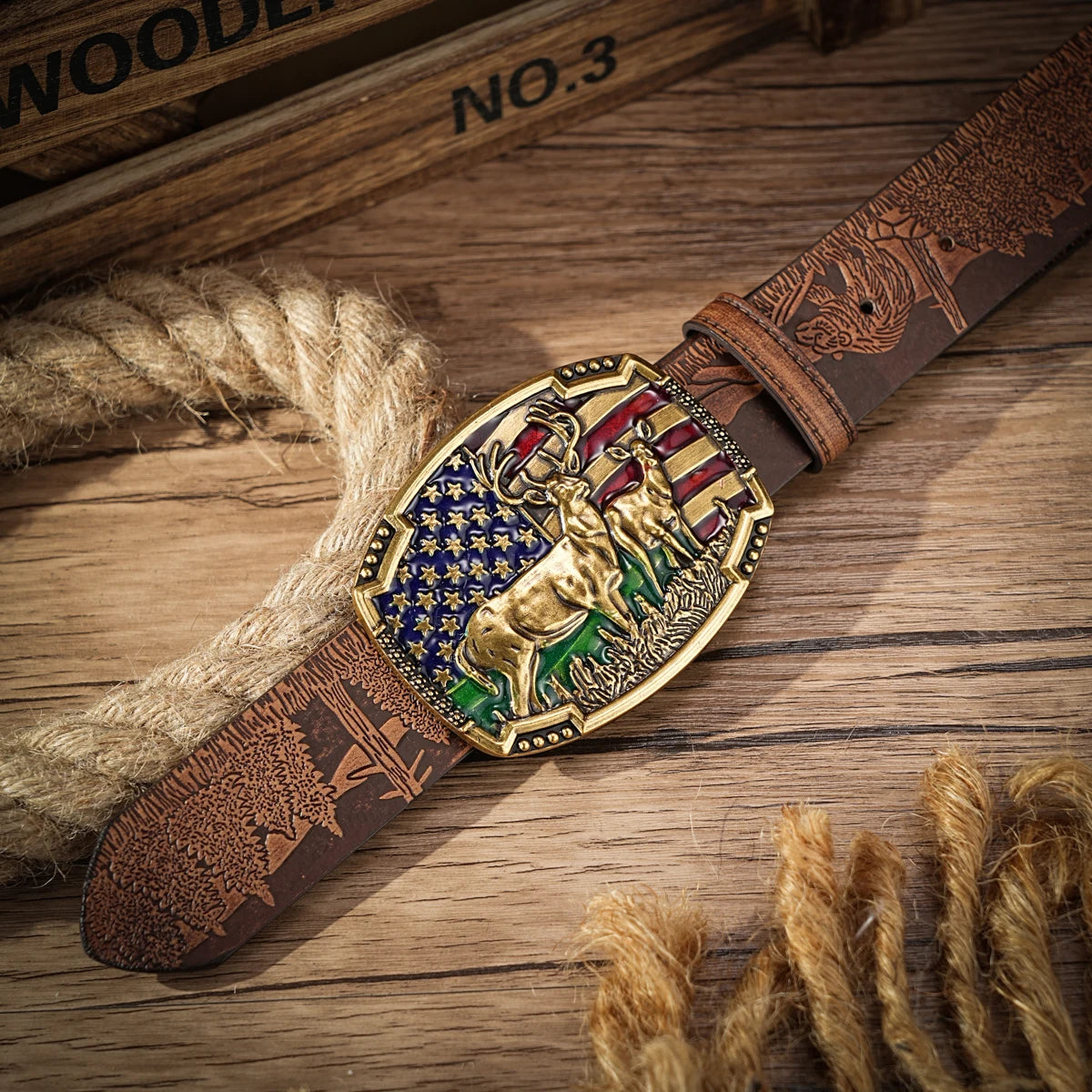 Western Cowboy PU Leather Belt  Waist Strap Buck and Flag Decoration Hunting Scene Engraved for Jeans