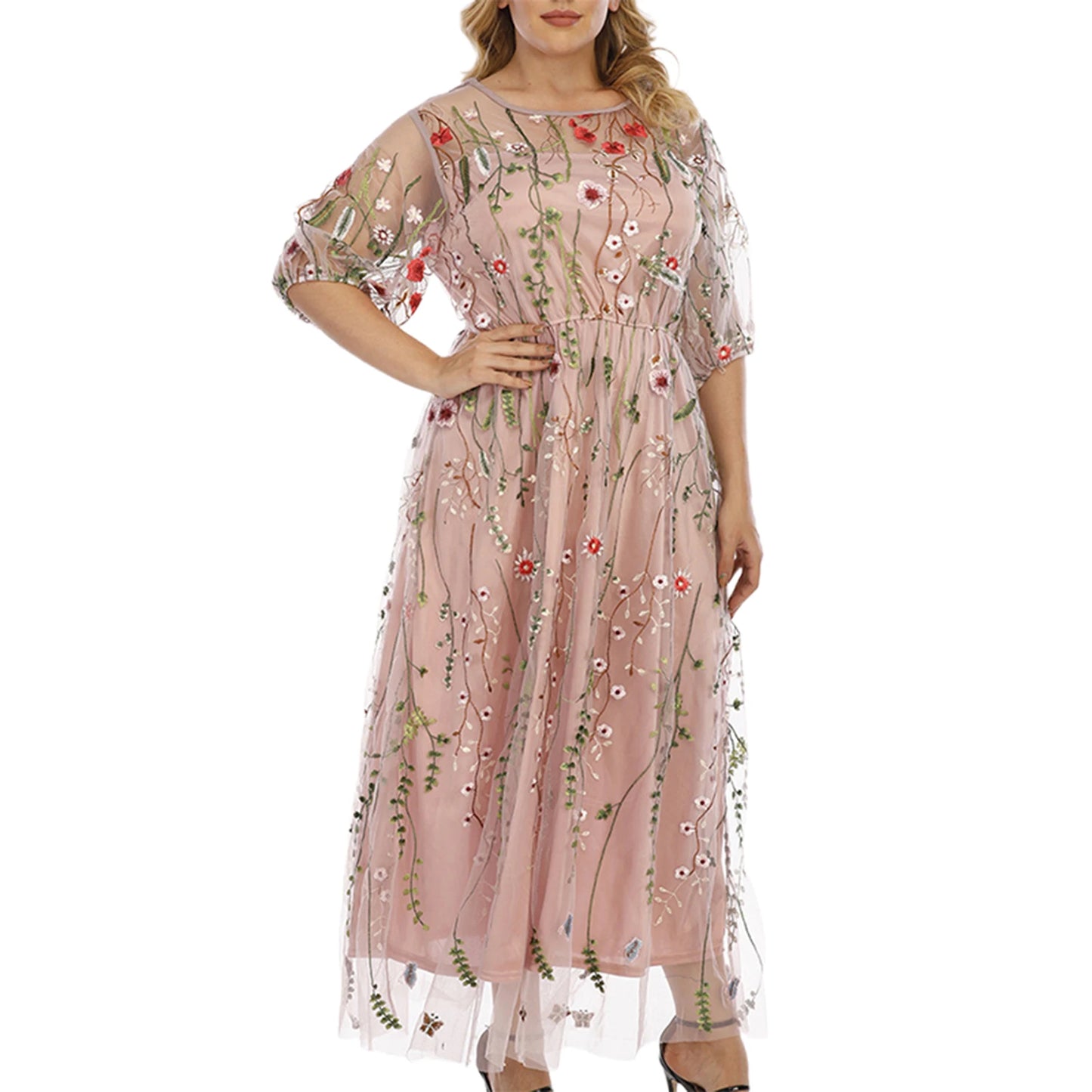 Women s Lace Maxi Dress Floral Embroidered Short Sleeve O Neck Plus Size Evening Party Elegant Gown
