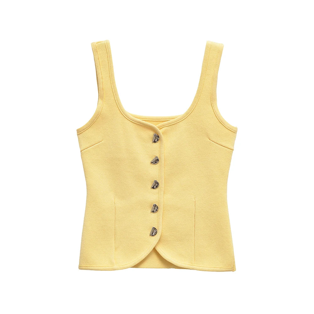 Women's Fashion With Metal Buttons Knit Vest Sweater O-Neck Wide Straps Waistcoat Chic Tops