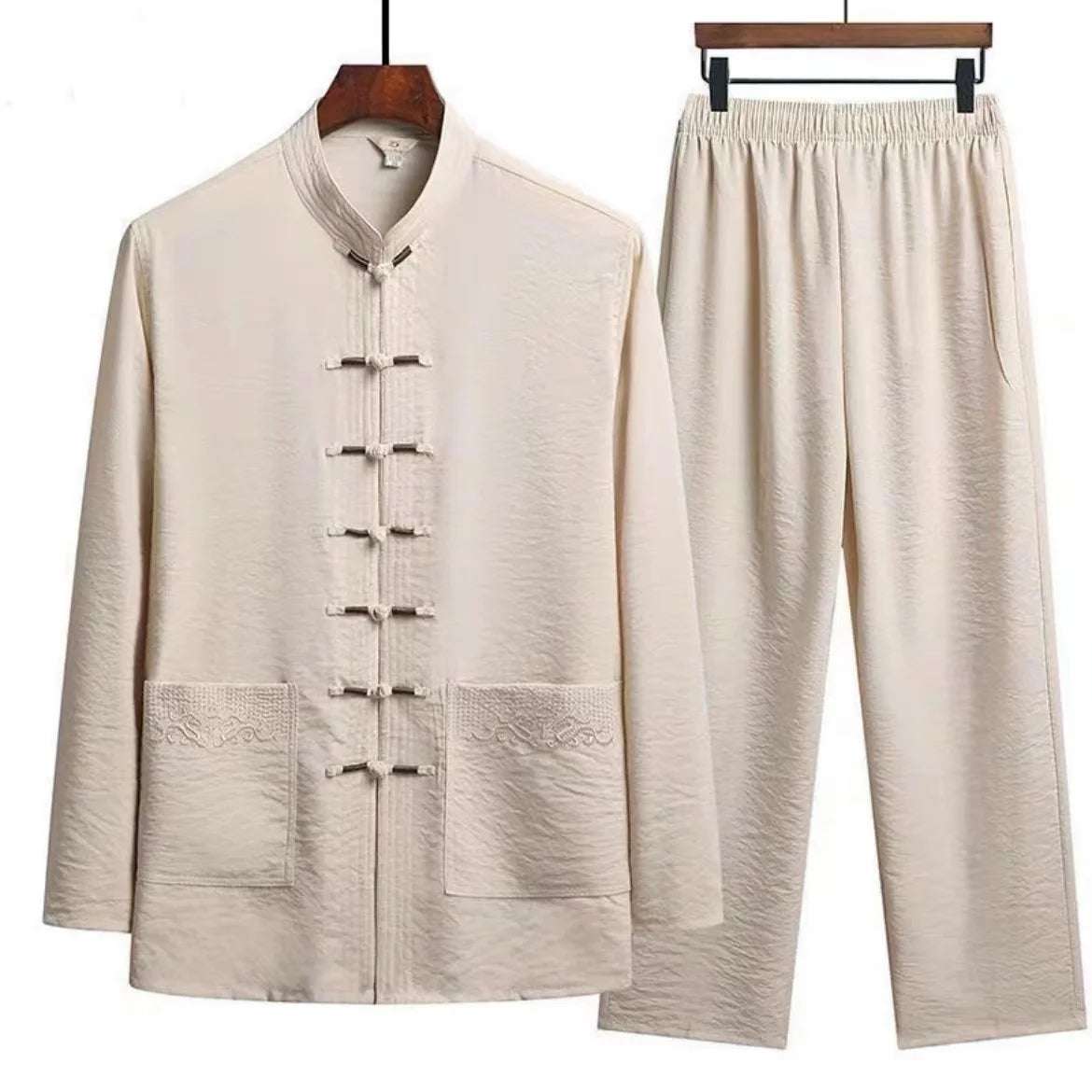 Chinese Traditional Clothing Set Man Fall Linen Buckle Shirt Oriental Retro Top Pants Tai Chi Breathable Uniforms