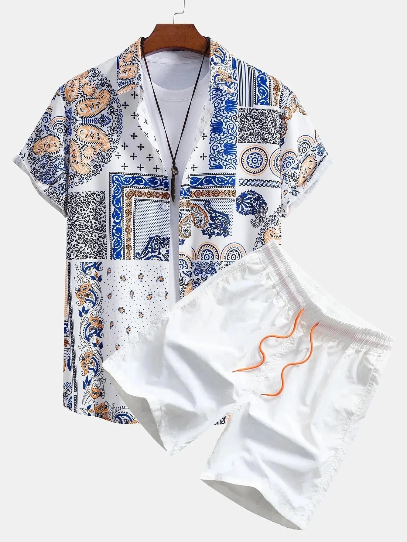 Men Sets Print Patchwork Lapel Short Sleeve Casual Shirt Beach Shorts Summer Streetwear Vacation Hawaiian Suits Men S-5XL