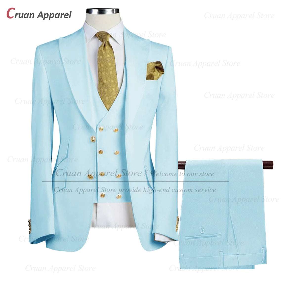 Tailor-made Brand Suits for Men Slim fit Prom Wedding Groom Tuxedo Set Party Gold Buttons Blazer Vest Pants 3 Pieces