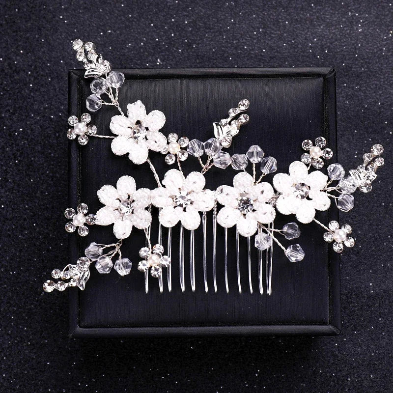Handmade Silver Crystal Flower Hair Comb Pearl Rhinestone Flower Hair Combs For Women  Hair Jewelry Wedding Hair Accessorie