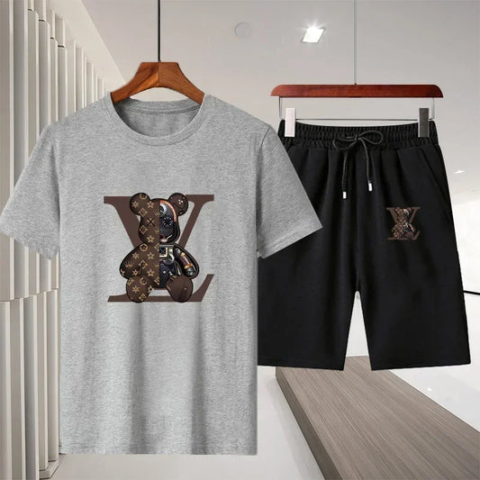 Men's short-sleeved T-shirt sportswear set, summer casual outdoor fashion men's round-neck top + Shorts 2-piece set