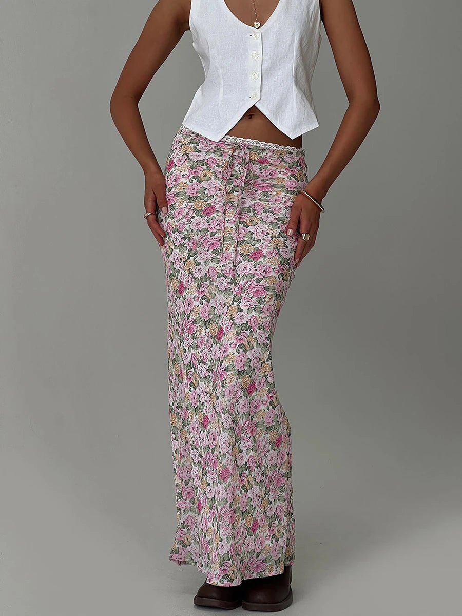 Women s Boho Maxi Skirt with Ruffle Hem and Tie Waist Elegant Floral Print Long Skirt
