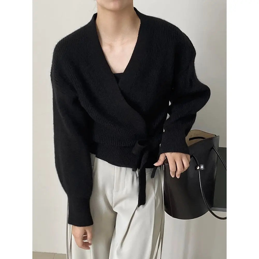 Bow Tie V-Neck Knit Women's Short High Waist Cardigan Sweater Coat Overlay Design Sense Top