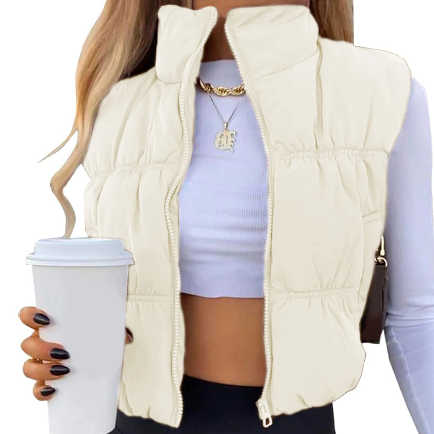 Quilted Waistcoat Solid Color Lightweight Zip Stand Collar Winter Vest Sleeveless Jacket