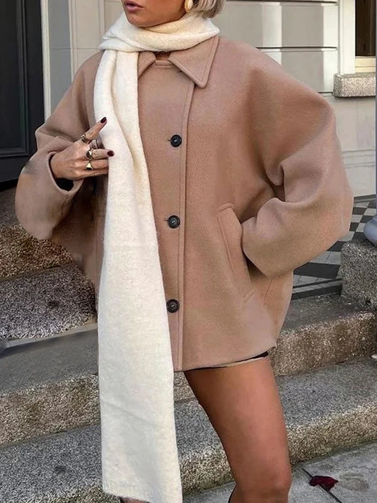 Winter Oversized Wool Jacket with Batwing Sleeves and Lapel Collar Button Closure Solid Color Loose Fit Coat