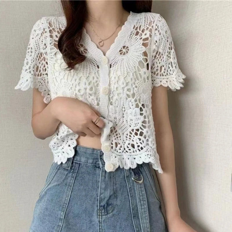 Women French Style Short Sleeve Lace Hollow Out Crochet Knit   V-Neck Button Down Sheer Crop