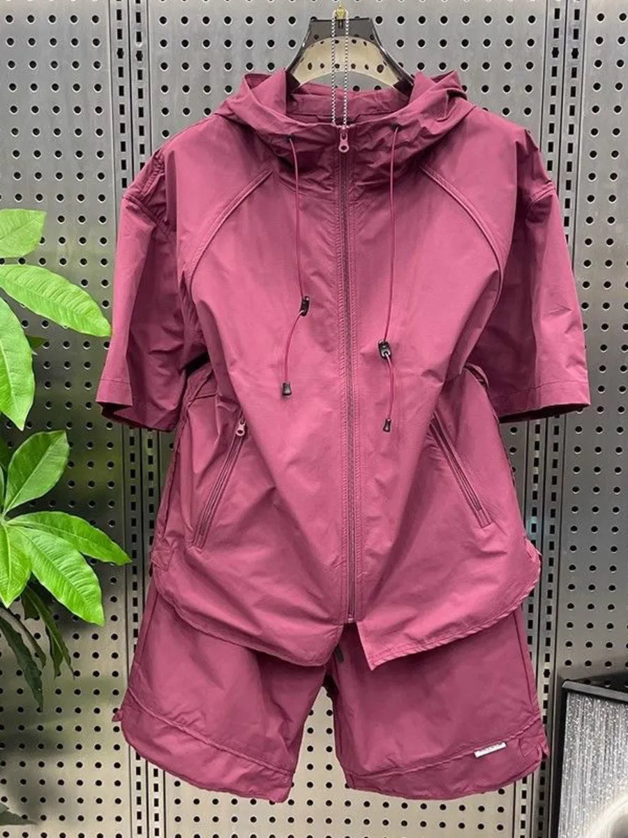 Summer Men Tracksuit Chic Hooded Quick Drying Set Short Sleeve Shorts Casual Zip Shirt  Loose Two Piece Set