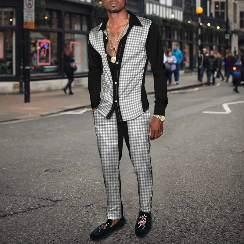 Retro Men's Shirt Suits 3D Luxury Print Fashion Men Casual Breathable Men's Lapel Long Sleeve Shirt Long Pants2 Pcs Set