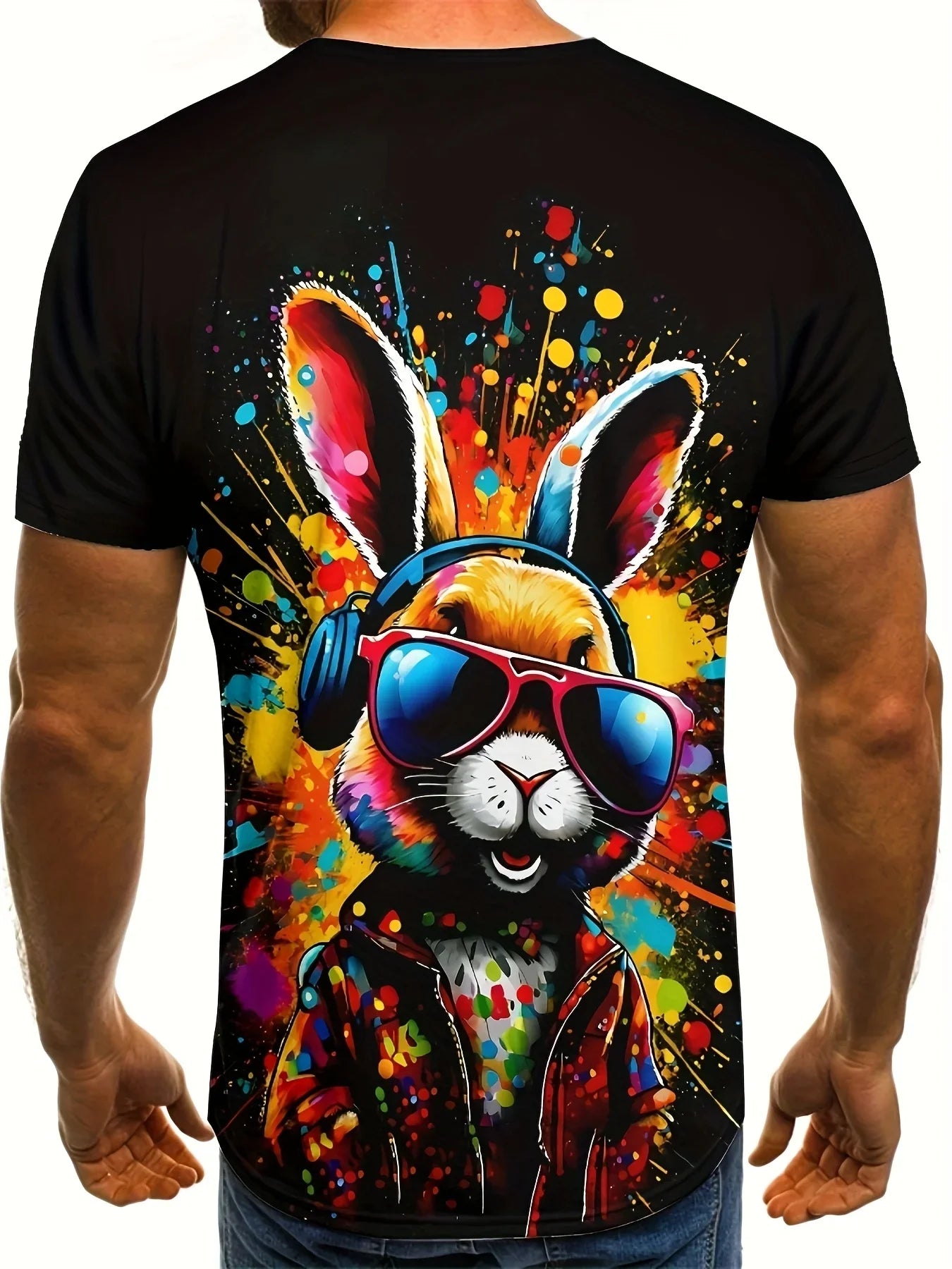 Men's Summer Casual Sports Suit 3D Cool Headphones Rabbit Print Crew Neck T-Shirt and Shorts