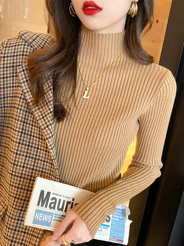 Elegant Solid Basic Knitted Tops Women Mock Turtleneck Sweater Long Sleeve Casual Pullover Simple Chic Clothes