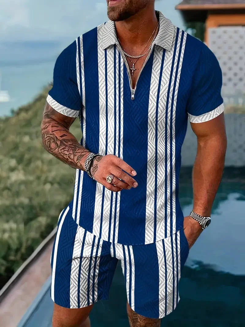Zipper POLO Shirt Shorts Set Summer Fashion Casual Men's Sports Set 3D Printed Simple Style Lapel Zipper POLO Shirt 2 Sets