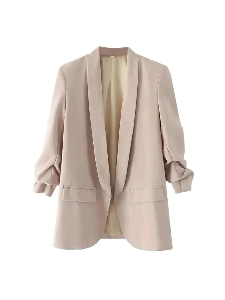Fashion Office Wear Open Blazer  Vintage Long Pleated Sleeves Flap Pockets Female Outerwear Chic Tops