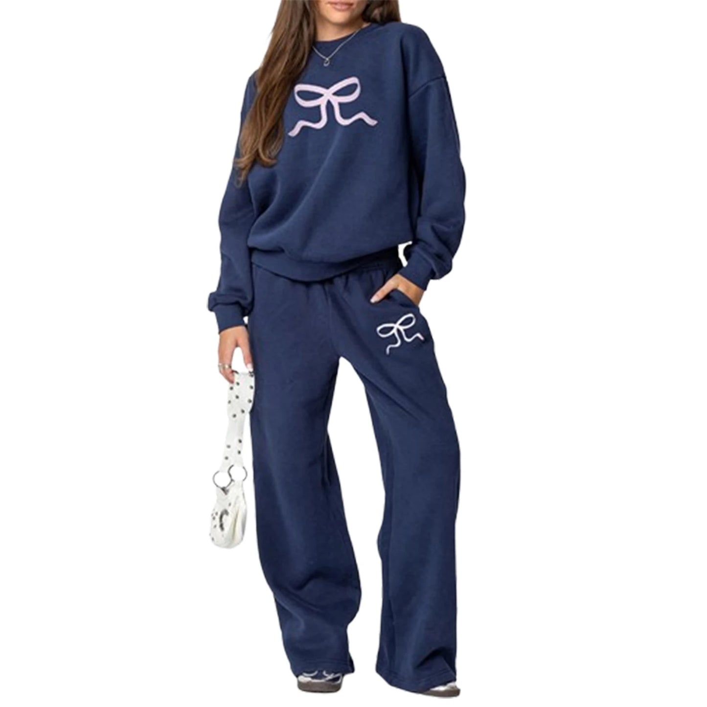 Women s 2-Piece Sweatsuit  Long sleeve O-neck and High Waist Wide Leg Pants Set Casual