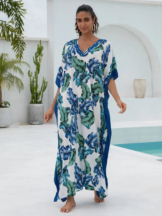 Blue Leaf Print Women Loose Fitting Long Robe Beach Vacation V-neck Sunscreen Clothing