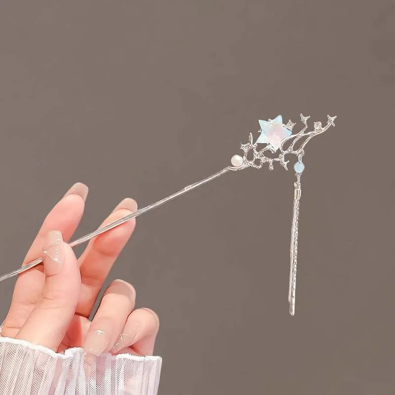 Vintage Moonstone Star Moon Hair Sticks for Women Chinese Style Cross Tassel Hairpin Disk Hair Chopsticks Hair Accessories