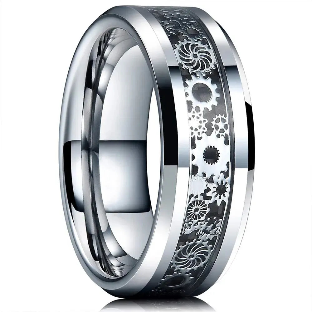 Fashion Steampunk Gear Wheel Men Stainless Steel Ring Inlay Carbon Fiber Rings For Men Rock