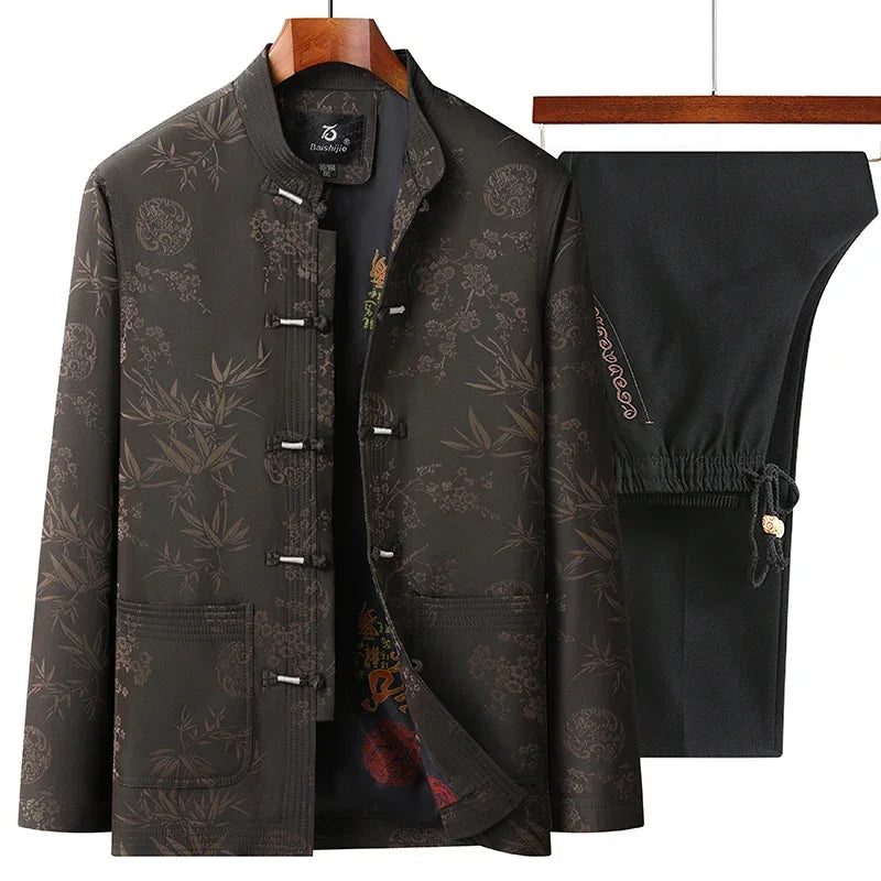 Tang Suit (top + Pants) Autumn New Middle-aged and Elderly Men Father Chinese Style Disc Buckle Spring and Autumn Grandpa Suit