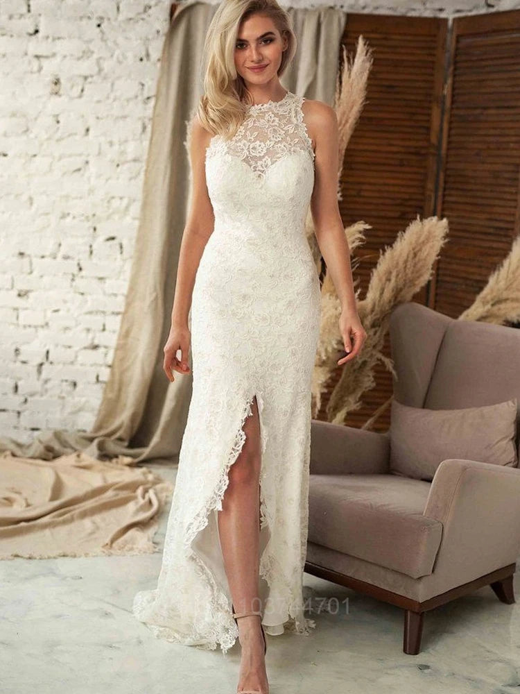 Elegant Lace women evening dress Women Custom Sexy Front Slit Sleeveless